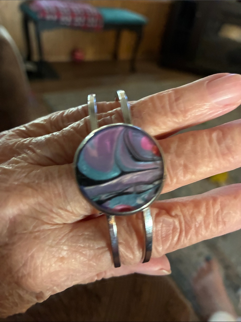 Silver-Tone Cuff Bracelet with Purple and Teal Glass Accent